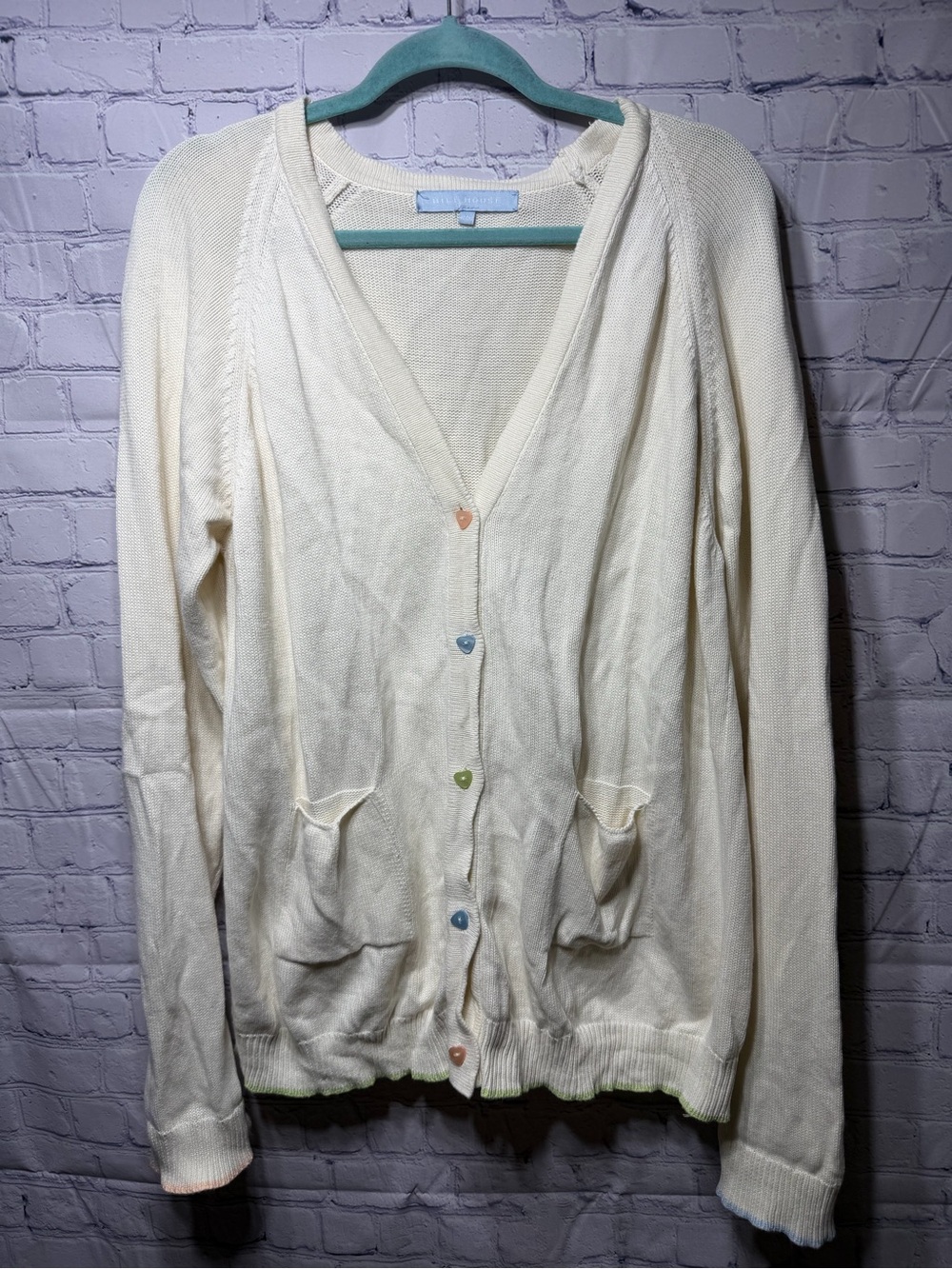 Hill House Womens V-Neck Cream Cardigan Heart Buttons Sz XL/ 2XL Preppy Organic